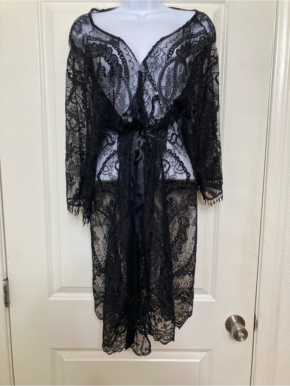 Black Sheer Lace Longline Duster Kimono Tie Front Robe Goth Vamp Romantic One Sz